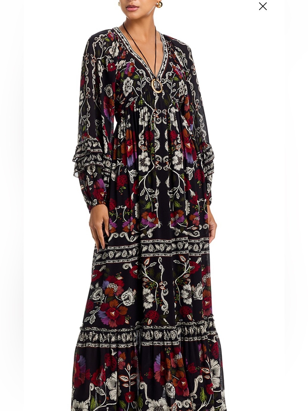 FARM Rio Black Floral V-Neck Tiered Maxi Dress